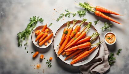 baked carrots in a ceramic form on a light background, top view, copy space
