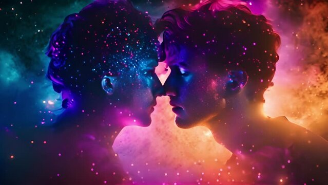 Stylish Handsome Young Adult Gay Couple kissing concept with colorful smoke. Two Happy Men in Love in Casual Clothes Make a Gentle Headbutt. Cute LGBT Relationship Content. 4k video. Beauty