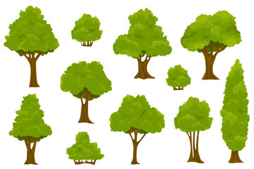 Garden green bush. Set of vegetation bushes, grass and trees. Forest and nature concept. Vector cartoon style illustration