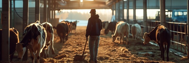 A herd of cows stands in a stable and is fed by the farmer - obrazy, fototapety, plakaty
