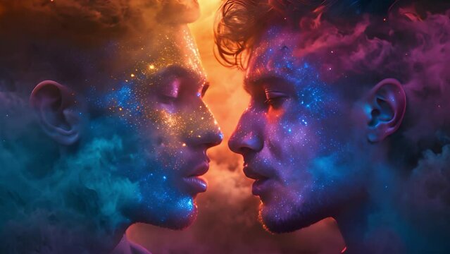 Stylish Handsome Young Adult Gay Couple kissing concept with colorful smoke. Two Happy Men in Love in Casual Clothes Make a Gentle Headbutt. Cute LGBT Relationship Content. 4k video. Beauty
