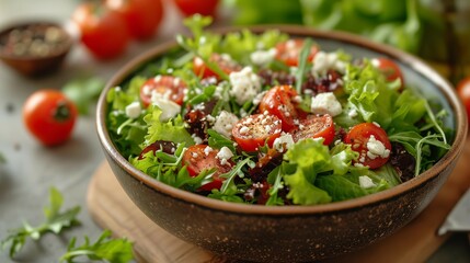 Healthy Diet Choice: Colorful Salad Bowl with Feta Cheese in Sunlit Kitchen, generative ai