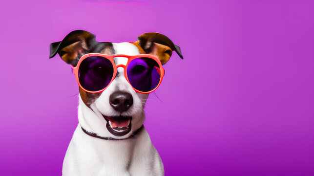 Happy, contented dog wearing sunglasses during vacation or vacation on a purple background. Advertising holidays for animals, travel agency, pet store, modern training and courses.