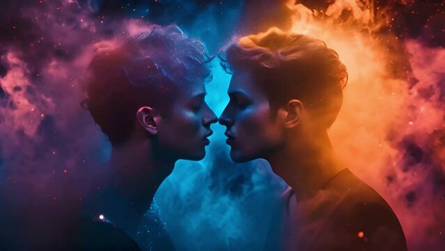 Stylish Handsome Young Adult Gay Couple kissing concept with colorful smoke. Two Happy Men in Love in Casual Clothes Make a Gentle Headbutt. Cute LGBT Relationship Content. 4k video. Beauty