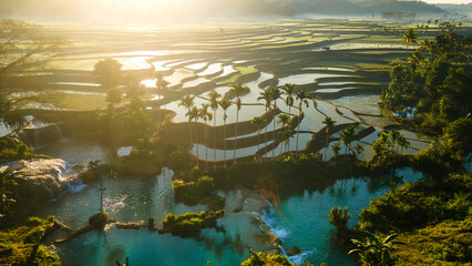 Aerial view of Weekacura Waterfall in East Nusa Tenggara, Sumba, Indonesia