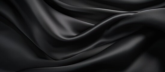 Fototapeta premium A closeup shot of a black satin fabric with wavelike patterns resembling water ripples. The fabric exudes a luxurious feel, with shades of grey and electric blue hues