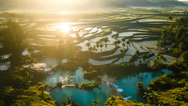 Aerial view of Weekacura Waterfall in East Nusa Tenggara, Sumba, Indonesia