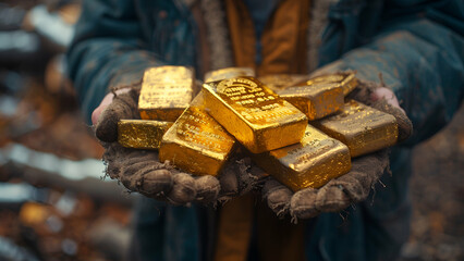 A pile of gold bricks being held with both hands, is showing it from the front, presenting the...