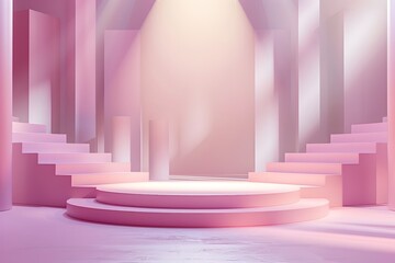 Royal Platform Elevated from Ground in Soft Spotlight Showcasing Emptiness - Bright, Pastel Backdrop