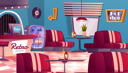 American Retro restaurant, diner interior with bar counter. Fast food retro cafe. Panoramic view of eatery. Empty restaurant with vintage decor.