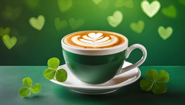 Classic cappuccino cup, creamy top with shamrock latte art, dark green background. Inspired by Saint Patrick's Day.
