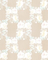 Seamless pattern with watercolor roses, bouquets arranged in a checkerboard pattern in a cage in soft beige, gray, pastel colors. Suitable for interior, wallpaper, fabrics, clothing, stationery.