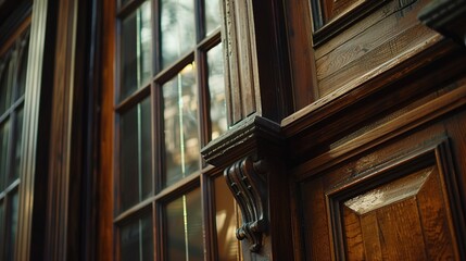 A close-up of the handcrafted trim and molding adorning the windows and doors of a craftsman townhouse, showcasing its timeless architectural elegance.