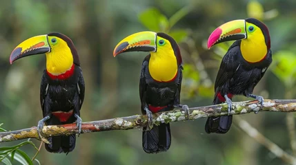 Foto op Canvas Colorful toucans resting on lush branches covered in vibrant exotic foliage in a tropical setting © Eva