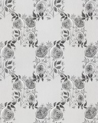 Seamless pattern with watercolor roses, bouquets arranged in a checkerboard pattern in a cage in soft beige, gray, pastel colors. Suitable for interior, wallpaper, fabrics, clothing, stationery.