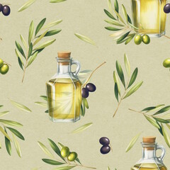 Seamless pattern with olives, oil bottle and leaves. For print, design, textile and background - 761648969