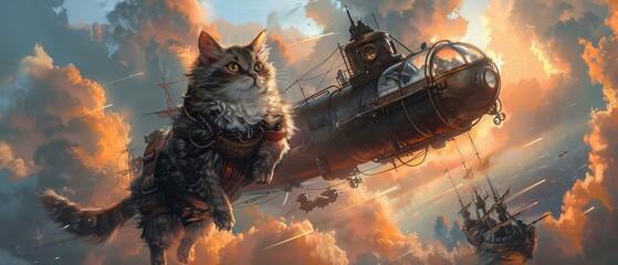 A steampunk adventure featuring cats with mechanical suits battling sky pirates - obrazy, fototapety, plakaty