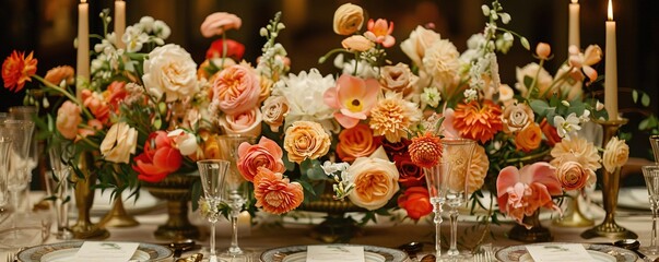 close up of wedding reception table setting with flower arrangements - obrazy, fototapety, plakaty