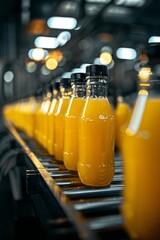 Fruit juice beverage manufacturing on conveyor belt in drink factory production line