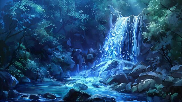 Illustration of waterfall in deep forest with light effect. Nature background