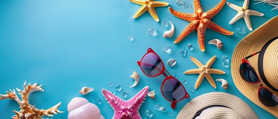A A colorful display of beach vacation essentials including starfish sunglasses