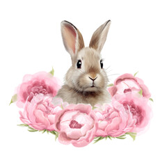 pink bunny and spring flowers on a transparent background