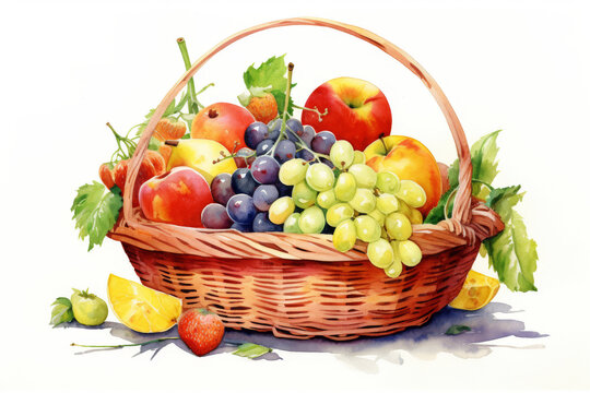Watercolor fruit basket clipart isolated on transparent background