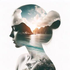 Double exposure of a woman's head with seascape in the background