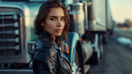 Fototapeta premium Portrait of a beautiful young woman professional truck driver in the background of a truck. People and transportation concept.