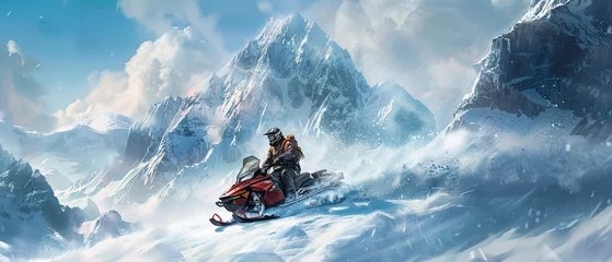 Fotobehang A rider on a snowmobile charges through the snowy terrain with a backdrop of dramatic mountain peaks. © Creative_Bringer