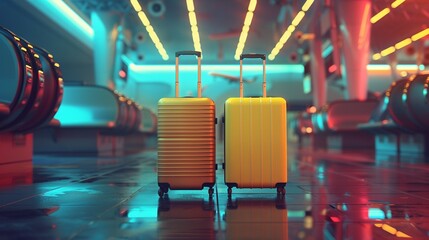 A Two suitcases stand side by side ready for an adventure - obrazy, fototapety, plakaty