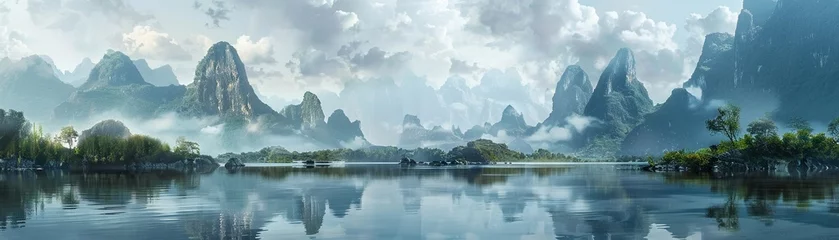 Tuinposter Reflectie A Tranquil waters of a mystical lake reflecting towering limestone mountains under a cloudy sky.