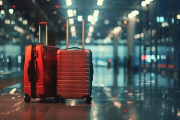 A Two suitcases stand side by side ready for an adventure - obrazy, fototapety, plakaty