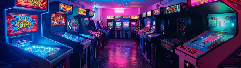 A vibrant retro arcade room glows with neon lights - obrazy, fototapety, plakaty