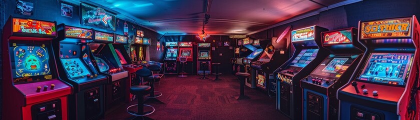 A vibrant retro arcade room glows with neon lights - obrazy, fototapety, plakaty
