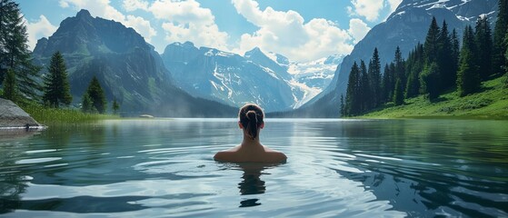 A woman soaks in the serene waters of a mountain lake - obrazy, fototapety, plakaty