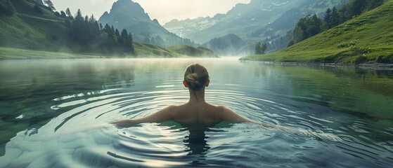 A woman soaks in the serene waters of a mountain lake - obrazy, fototapety, plakaty