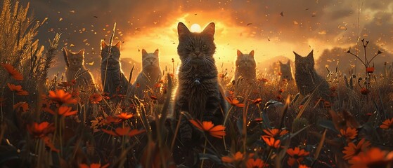 A portal to a parallel world opens, and an army of cats emerges to explore our world - obrazy, fototapety, plakaty