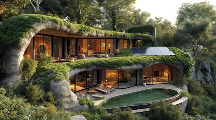 Modern Eco-Friendly Architecture: Self-Sustaining Hillside Residence, generative ai - obrazy, fototapety, plakaty