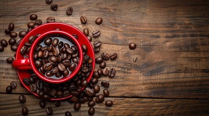red cup with coffee beans on wood background - obrazy, fototapety, plakaty