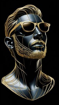 Gold line art sketch of a man in glasses on black background. Vertical video