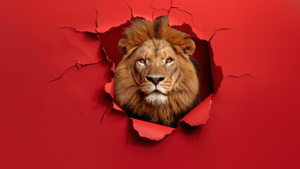 An impressive lion's head is framed by jagged red paper, evoking feelings of liberation and power at its break free