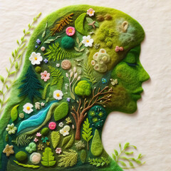 Felt art patchwork, woman's face profile with environmentally concept