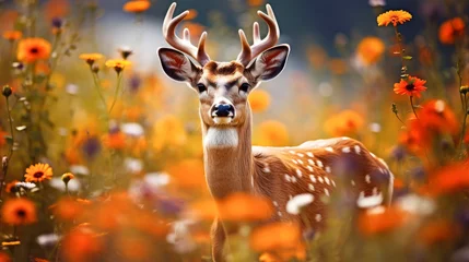 Tuinposter Cute, beautiful deer in a field with flowers in nature, in sunny pink rays. © ALA