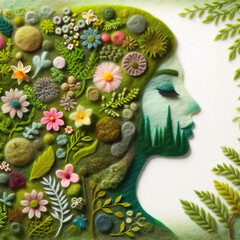 Felt art patchwork, woman's face profile with environmentally concept