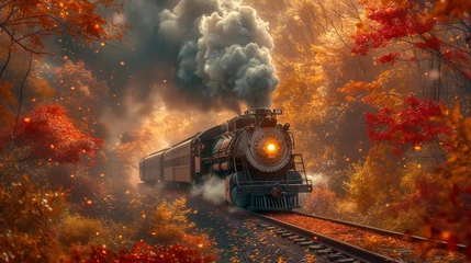 Rolgordijnen Retro Steam Engine Amidst Vibrant Autumn Leaves, generative ai © Matus