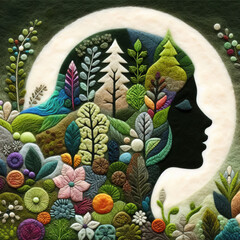 Felt art patchwork, woman's face profile with environmentally concept
