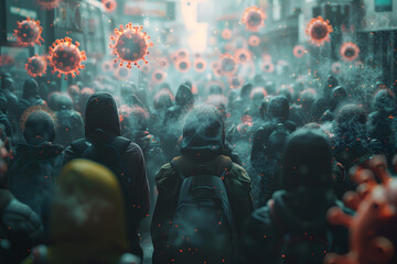 Abstract picture of a crowd of silhouettes of people and virus cells in the air pandemic. - obrazy, fototapety, plakaty