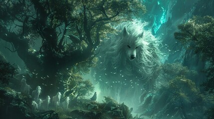 A fantasy forest guarded by an army of spectral dogs, protecting ancient secrets