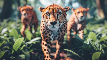 Agile cheetahs sprinting across the savannah, swift predators at the edge of the lush jungle